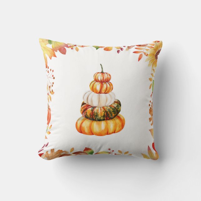 Coussin Citrouilles de ferme d'automne avec feuilles aquar (Recto)