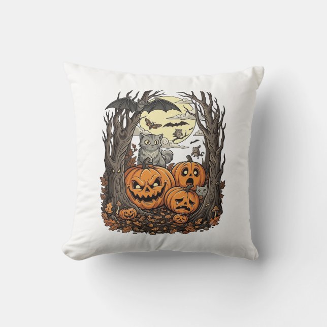 Coussin Citrouilles d'Halloween Chat Gris Chauve-Souris Pl (Recto)
