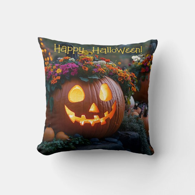 Coussin Citrouilles d'Halloween sculptés décorés de fleurs (Recto)
