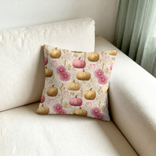 Coussin Citrouilles dorées et roses - Dessin d'automne