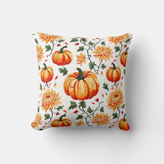 Coussin Citrouilles et chrysanthèmes festifs d'automne (Recto)