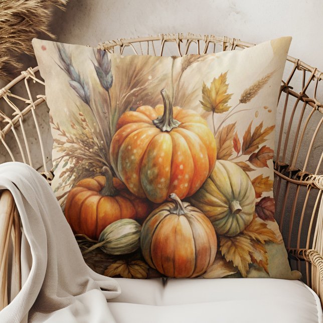 Coussin Citrouilles et Feuilles rustiques Boho Automne Jet (Rustic Pumpkins & Leaves Boho Fall Throw Pillow in a boho rattan armchair)