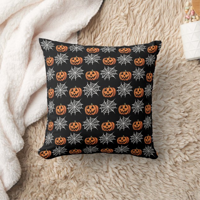 Coussin Citrouilles et motif de toile d'araignée Halloween (Couverture)