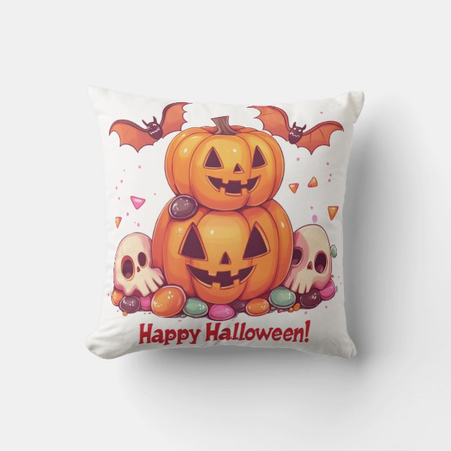 Coussin Citrouilles Halloween mignonnes 🎃 et bonbons fun (Recto)