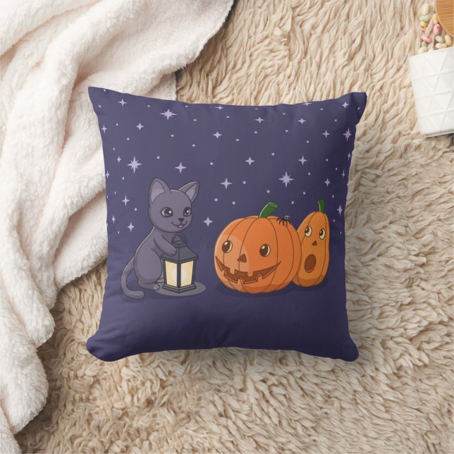 Coussin Citrouilles Lanterne Chat Noir Halloween Violet (Couverture)
