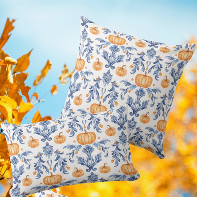 Coussin Citrouilles orange automne bleu blanc vintage (Blue white and orange chinoiserie pillows for your autumn décor!)