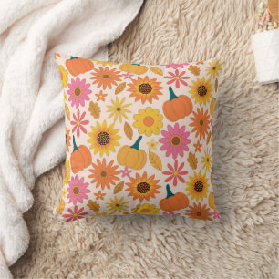 Coussin Citrouilles roses orange d'automne avec tournesols