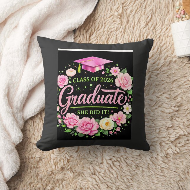 Coussin Class of 2026 Graduate She Did It Pink Floral Grad (Couverture)