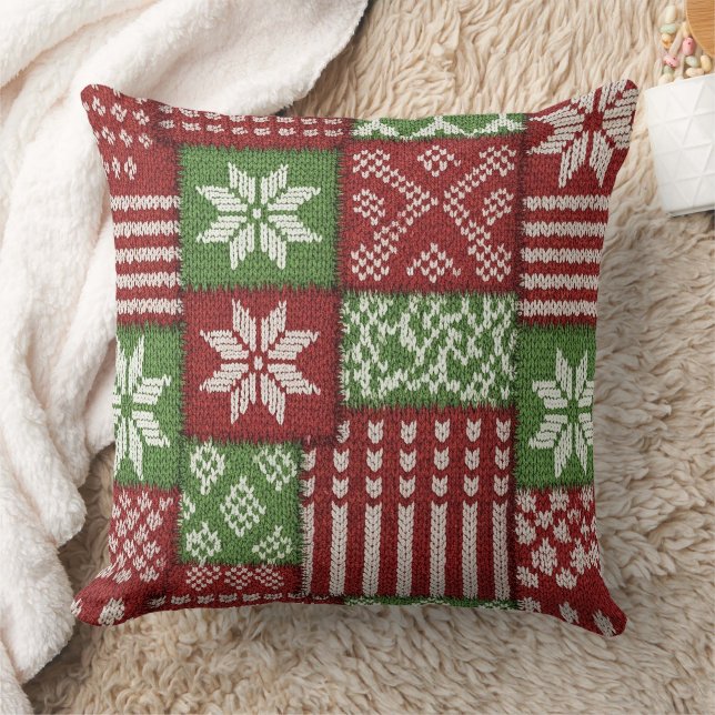 Coussin Classic Christmas Patchwork Knit -Red, Green (Couverture)