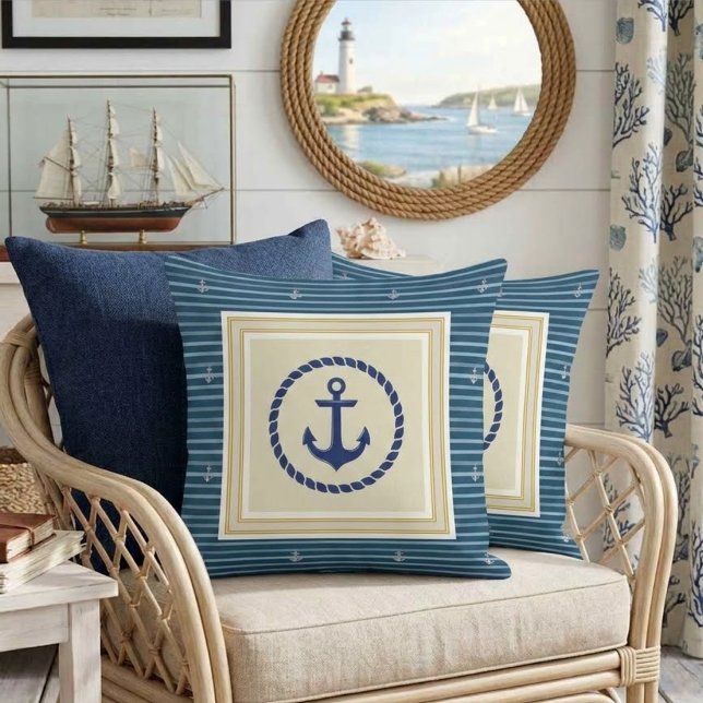 Coussin Classic Nautical Navy Blue & Gold Anchor Striped (Créateur téléchargé)