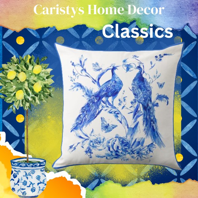 Coussin Classic Porcelain Bleu Peacocks Arrière - plan bla (Créateur téléchargé)
