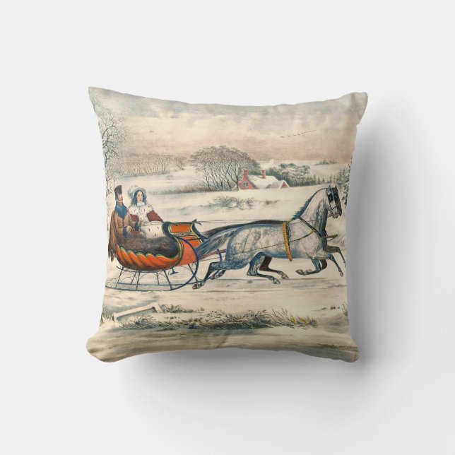 Coussin Classique 1853 Promenade en traîneau Currier Ives  (Recto)
