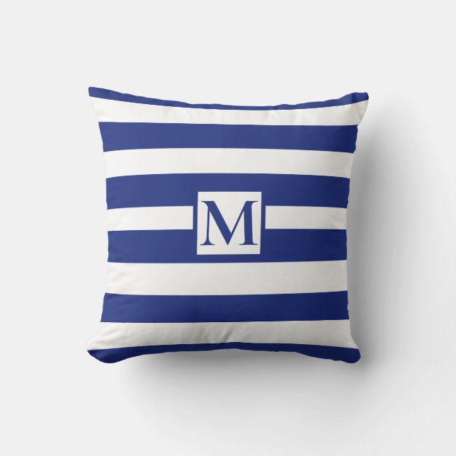 Coussin Classique bleu marine bandes blanches monogramme (Recto)