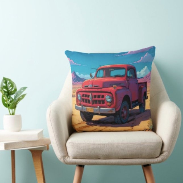 Coussin Classique camionnette américaine  (Retro Red Pickup Truck pillow high quality 100% polyester hidden zipper enclosure. Made in the USA. )