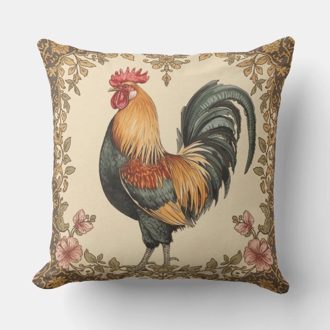 Coussin Classique, Coq , Motif Fleurs, Vintage (Recto)