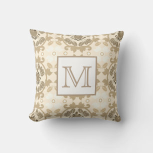 Coussin Classique Elégant Beige Floral Damask   Monogramme