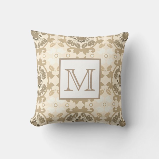 Coussin Classique Elégant Beige Floral Damask | Monogramme (Recto)