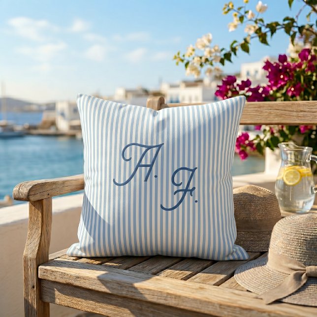Coussin Classique Jeté de Monogramme Côtier à Rayures Bleu (Créateur téléchargé)