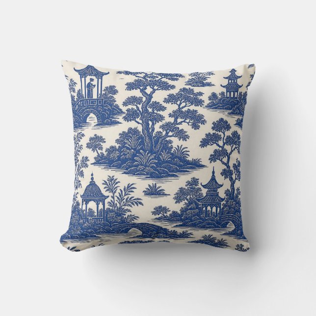 Coussin Classique motif toile de chinoiserie bleu et blanc (Recto)