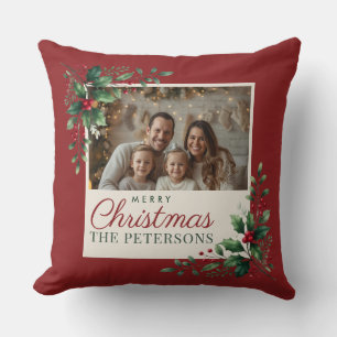 Coussin Classique Noël Photo Personnalisée Botanique Rouge