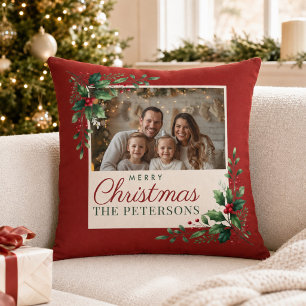 Coussin Classique Noël Photo Personnalisée Botanique Rouge