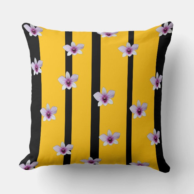 Coussin Classique noir + rayures florales jaunes (Recto)
