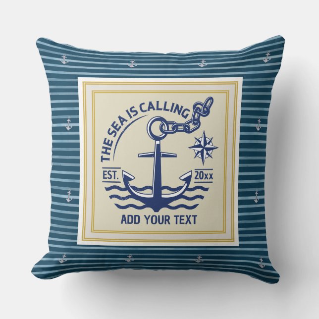 Coussin Classique rayé bleu marine et or ancre (Recto)
