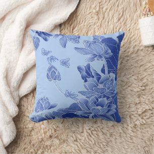 Coussin Classy Blue Modern Chinoiserie Chic Lotus Floral