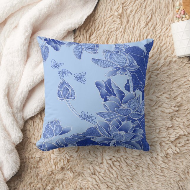 Coussin Classy Blue Modern Chinoiserie Chic Lotus Floral (Couverture)