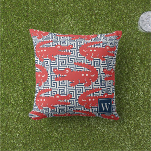 Coussin Clé grecque Alligator - Monogramme rouge et marine