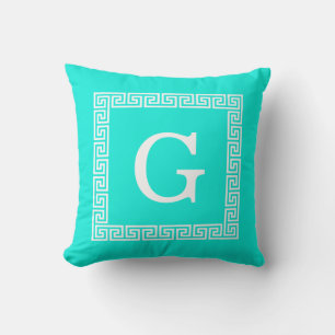 Coussin Clé grecque blanche Aqua lumineuse #1 Monogramme e