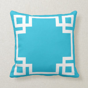 Coussin Clé grecque blanche bleu Aqua