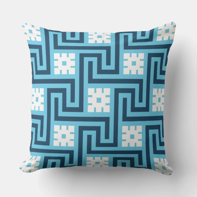 Coussin Clé grecque, bleu de ciel, marine et blanc (Recto)