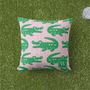 Coussin Clé grecque d'alligator - Monogramme rose et vert