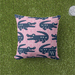 Coussin Clé grecque d'alligator - Rose chaud et marine Mon