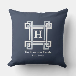 Coussin Clé grecque de monogramme élégant marine