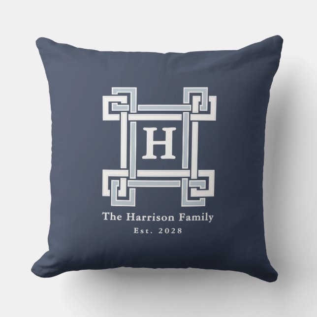 Coussin Clé grecque de monogramme élégant marine (Recto)