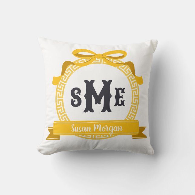 Coussin Clé grecque jaune vif à nœud monogramme (Recto)