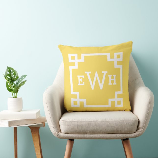 Coussin Clé grecque jaune vif Monogramme Initial (Chaise)