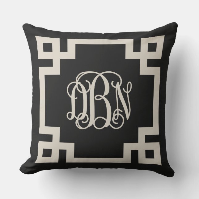 Coussin Clé grecque noire et beige Monogramme DBN (Recto)