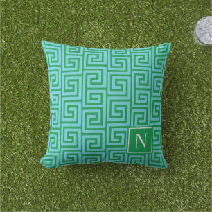 Coussin Clé grecque preppy Monogramme – Turquoise & Vert