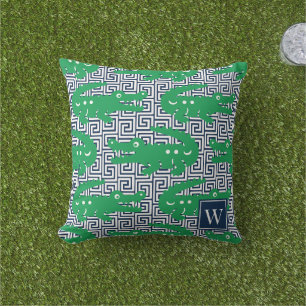 Coussin Clef grecque Alligator - Monogramme vert et marine