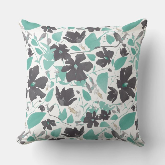 Coussin Clematis Floral Gris Aquarelle Turquoise (Recto)