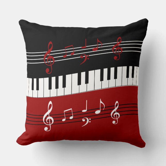 Coussin Clés et notes de piano blanc rouge noir élégant (Recto)
