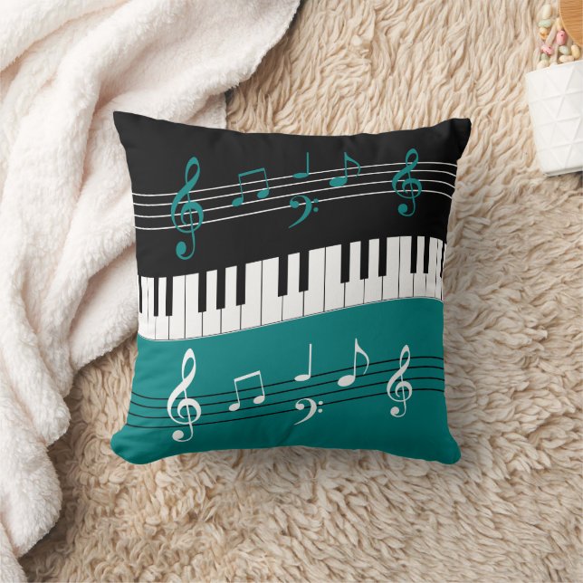 Coussin Clés et notes de piano Turquoise noir blanc (Couverture)