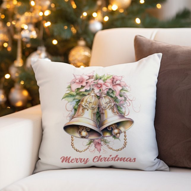 Coussin Cloches de Noël en or Fleurs roses  ("Merry Christmas" bells and pink flowers decorator pillow)