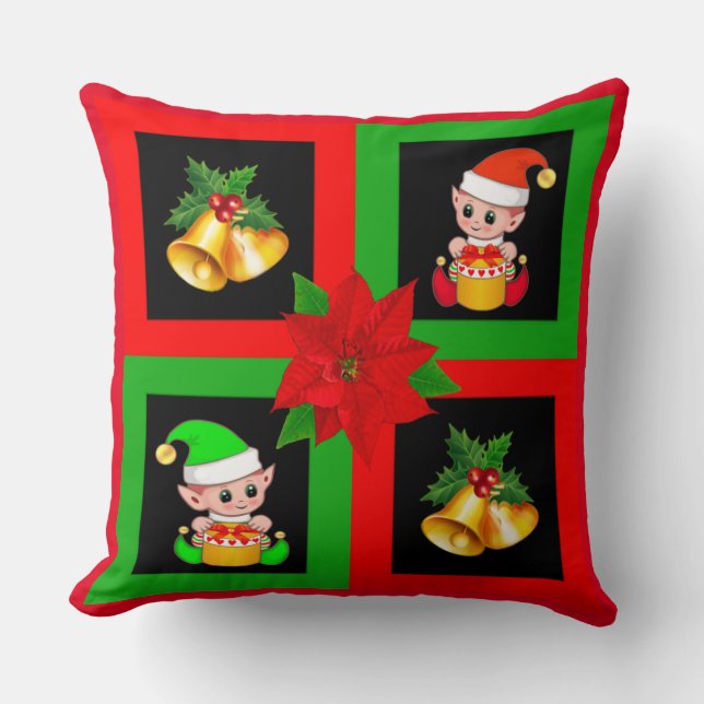 Coussin cloches de Noël et elfe sur fond noir, vert et rou (Recto)