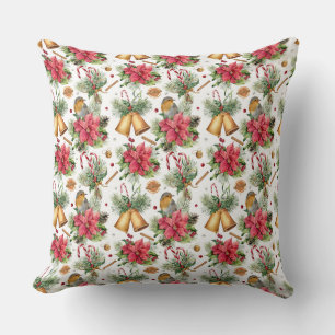 Coussin Cloches de Noël, Oiseaux et Poinsettias