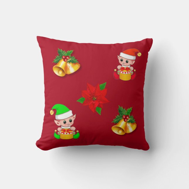 Coussin Cloches de Noël, poinsettia et elfe mignonne sur r (Recto)