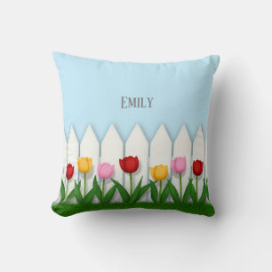 Coussin Clôture De Picket Blanc Avec Tulipes Personnalisée
